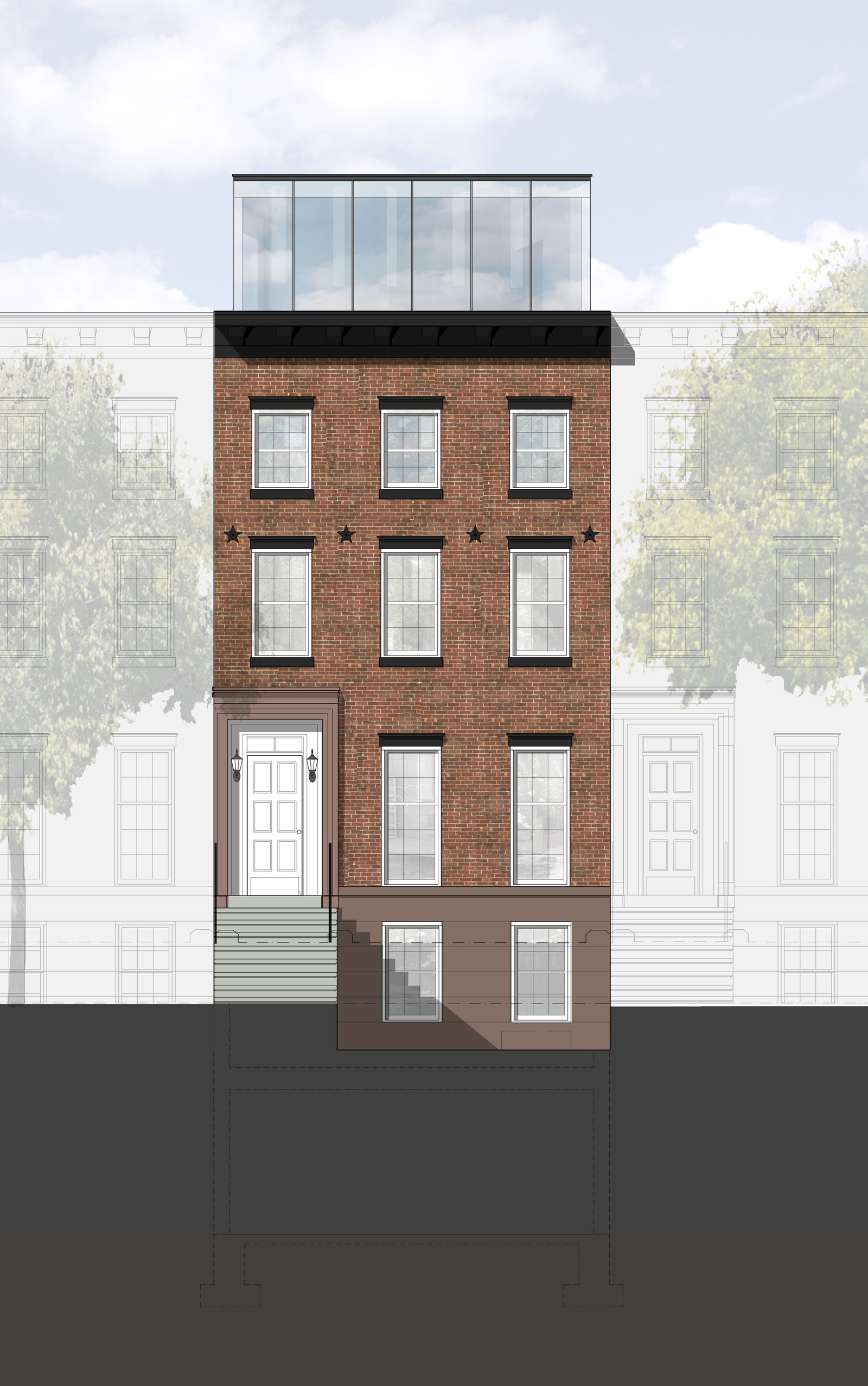 Front elevation rendering with adjacent buildings 1600 xxx q85